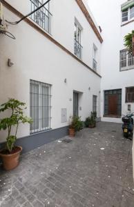a courtyard of a white building with potted plants at Orbyz in Seville