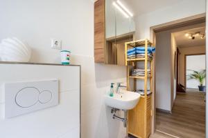 a bathroom with a sink and a mirror at Familie Heiko Schroth in Neußen +16 photos