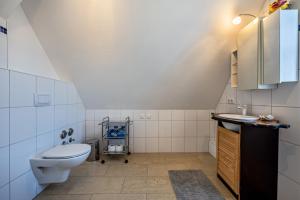 a bathroom with a toilet and a sink at Haus Übersee Wohnung Tonga in Travemünde +14 photos