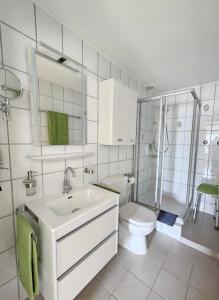 a white bathroom with a toilet and a sink at Haus Rosenfelder Fewo Abendsonne in Bernau im Schwarzwald +19 photos