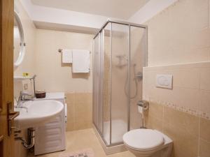 a bathroom with a shower and a toilet and a sink at Ciasa Lino Sas da le Doudesc in Pozza di Fassa +18 photos