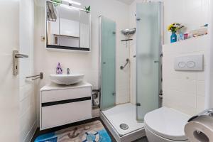 a bathroom with a shower and a toilet and a sink at Ferienwohnung 'Segelyachten-Perle' in Schilksee +22 photos
