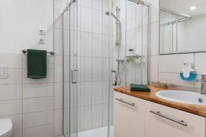 a bathroom with a shower and a sink at Apartment am Seefischmarkt in Kiel