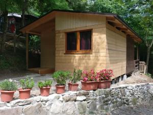 a tiny house with potted plants on a stone wall at Le sorgenti - Chalet 42 in Palazzuolo sul Senio