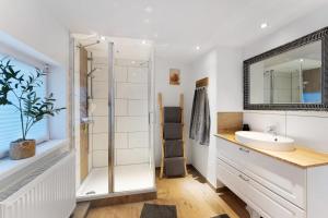 a bathroom with a shower and a sink and a mirror at Küstenliebe-Fehmarn in Fehmarn +17 photos