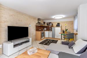 a living room with a large flat screen tv at Ribeiro Tesouro in Friesenheim