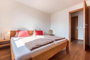 a bedroom with a large bed with red pillows at Thalerhof App Melisse in Feldthurns