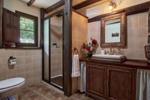 a bathroom with a toilet and a sink and a mirror at El Pajariel I in Valdecañada +31 photos