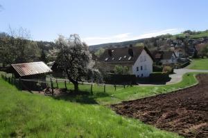a small village with a house and a field at Ferienwohnung Geistalblick in Neuenstein