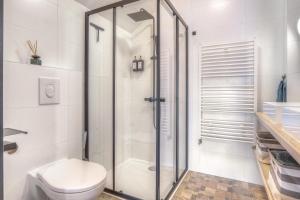 a bathroom with a shower and a toilet at Ferrienhaus Land Hof Spelle in Spelle
