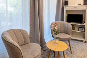 two chairs and a table with a vase of flowers at Apartment Casa Gina in Stockach