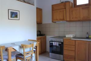 a kitchen with wooden cabinets and a table with chairs at Villa Milia in Agios Nikitas