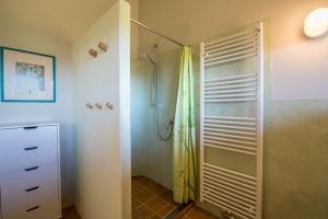 a bathroom with a shower with a shower curtain at Ferienwohnung Bei der Töpferei in Pittenhart
