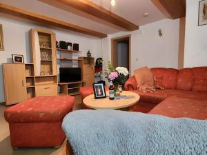 a living room with a red couch and a table at Alte Schmiede 2 Fewos in Feldberg