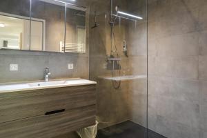 a bathroom with a shower and a sink and a mirror at Apartment Habicht in Mühlbachl +19 photos