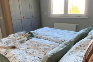 a dog laying on a bed with glasses on it at Ferienhäuschen Gartenblick in Friedrichroda