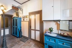 a kitchen with blue cabinets and a blue counter at Studio zur »Alten Schmiede« in Laage