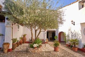 a courtyard with a tree and chairs and a building at El Zarzo in Fuenteheridos