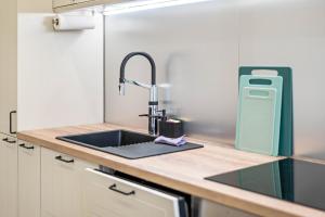 a kitchen counter with a sink and a faucet at Ferienwohnung Wittle in Weiler-Simmerberg +22 photos