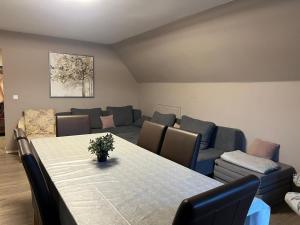 a living room with a table and a couch at Wohnung mit Fernblick in Jübek