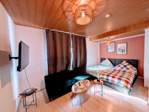 a living room with a bed and a couch at Wat Bickenbach in Bickenbach
