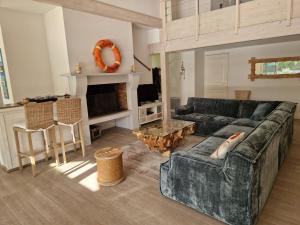 a living room with a green couch and a tv at Pin Bleu in Moliets-et-Maa