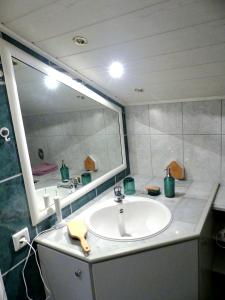a bathroom with a sink and a large mirror at Altes Landhaus in Behrendorf +33 photos