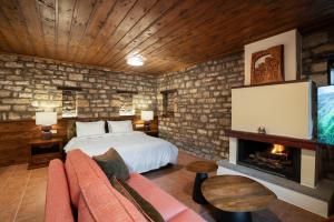a bedroom with a bed and a tv and a fireplace at Guest House Amadryades in Karpenisi