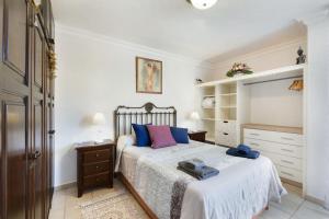 a bedroom with a bed with blue and purple pillows at El Almendro in Puntagorda