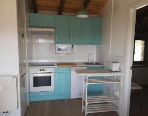 a kitchen with mint green cabinets and a counter at Casa Rural El Picón in Entrambasaguas