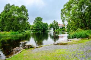 a pond with a waterfall in a park at Ferienwohnung Schmälzle in Braunlage