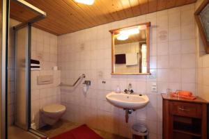 a bathroom with a sink and a toilet and a mirror at Gasthaus Zur Linde Ferienwohnungen in Oberharmersbach +49 photos