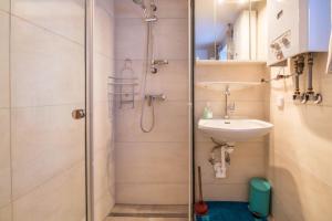 a bathroom with a shower and a sink at Hochfügenblick-ski- und Wanderhütte in Hochfugen +20 photos