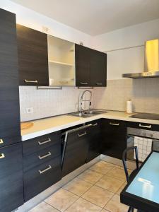a kitchen with black cabinets and a sink at La Masera sul Torrente By Immobilux in Mori