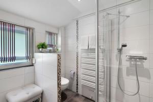 a white bathroom with a shower and a toilet at Haus Haag Enzklösterle in Enzklösterle +49 photos