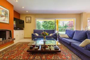 a living room with a blue couch and a table at Casa con jardín próxima a Barcelona in Sant Andreu de Llavaneres
