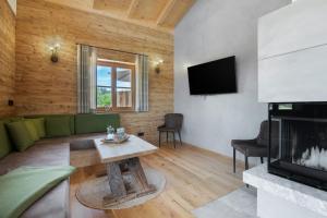 a living room with a green couch and a tv at Bergchalet 3 in Freyung