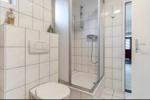 a bathroom with a shower and a toilet at Haus Laffina in Büsum +46 photos