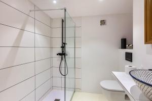 a bathroom with a shower with a toilet and a sink at Ferienwohnung auf dem Wald 4 Per in Görwihl
