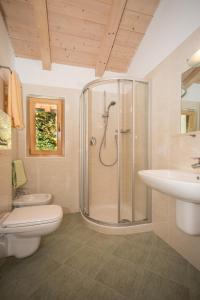 a bathroom with a shower and a toilet and a sink at Pföslhof in Laives