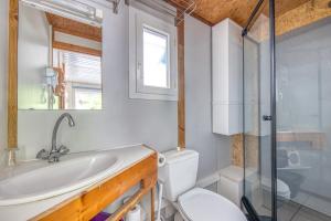 a bathroom with a toilet and a sink and a shower at Chalet A Village Vacances in Gujan-Mestras +24 photos