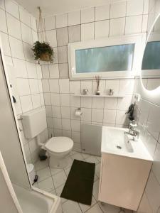 a white bathroom with a toilet and a sink at Sonnenpark 44 in Roding +28 photos