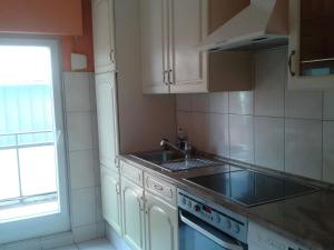 a kitchen with white cabinets and a sink and a window at Stylische Wohnung in Fellbach in Fellbach +9 photos