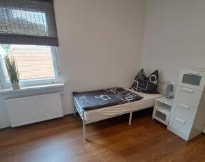 a bedroom with a bed in a room with a window at Ferienwohnung Paulus in Albstadt