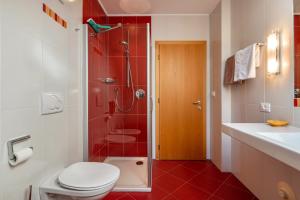 a bathroom with a shower with a toilet and a sink at Haus Rosengarten Apt C in Terlano