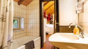a bathroom with a bath tub and a sink at Das Schneiderhaus in Höchenschwand +16 photos