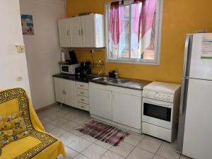 a kitchen with a white refrigerator and a sink at Chez sidoine Meublé 1 chambre in Le Moule +12 photos