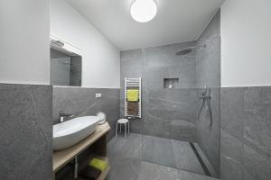 a bathroom with a sink and a shower at Langeshof Fewo Morgensonne in Caines