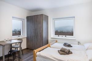 a bedroom with a bed and a table and two windows at Haus Fuldablick in Rotenburg an der Fulda