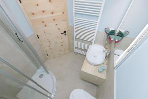 a small bathroom with a toilet and a shower at Ferienwohnung Berg Wieserhof in Aldino